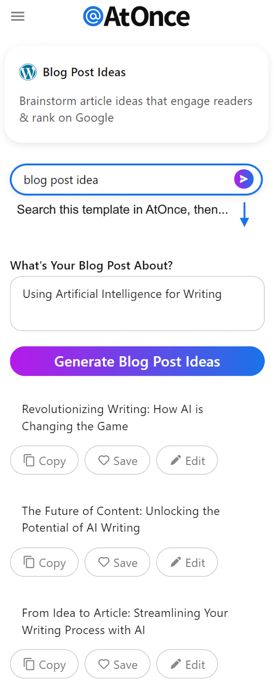 AtOnce AI article idea generator